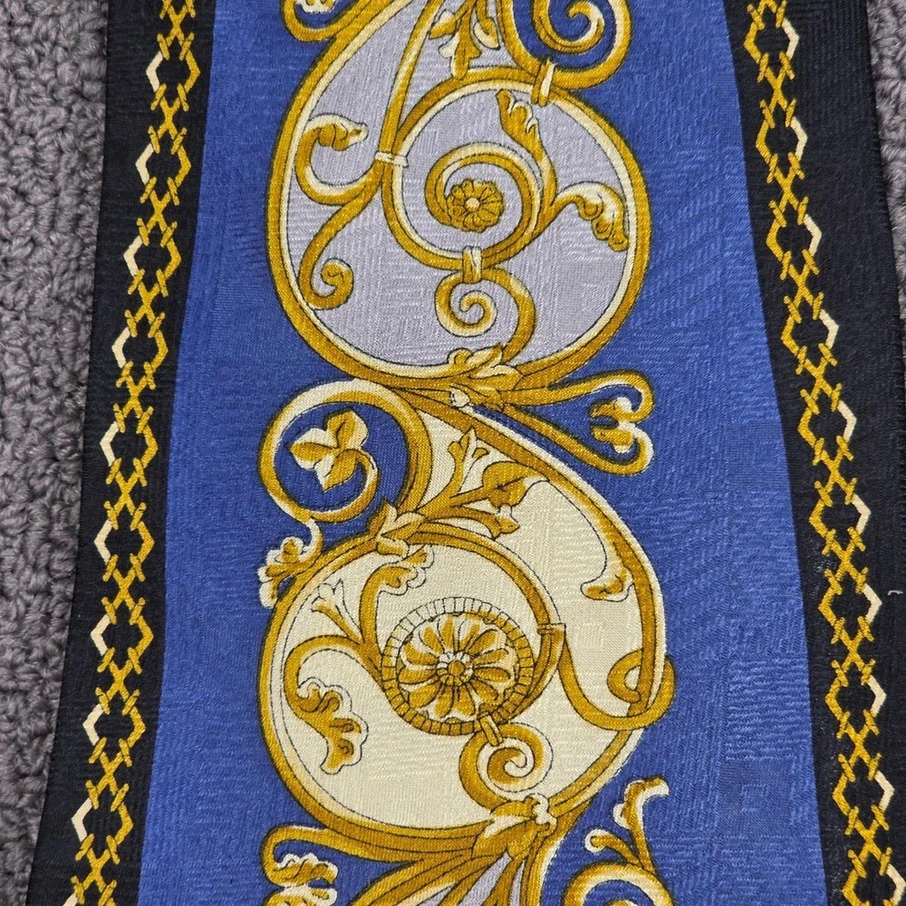 Georgio Gentelli Uomo Silk Tie Men Blue Gold Baroque Scroll Hand Made 3.75